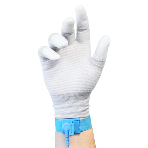 ESD PU Tip Gloves - Carbon Stripe - Wearing Adjustable Wrist Strap - Antistat