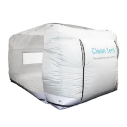 Portable cleanroom tent - from Monmouth Scientific - White with "Clean Tent" and "The worlds most portable cleanroom" printed on the side