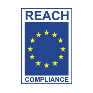 REACH Compliance Logo - features a blue box with yellow stars and the word REACH in blue above and the word Compliance in blue below