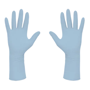 A pair of blue Sterile Cleanroom Nitrile Gloves from Halyard