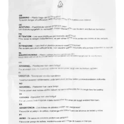 Gusseted clear poly bag with the text "WARNING - Plastic Bags can be dangerous! To avoid danger of suffocation, keep this bag away from babies and children." in 11 languages