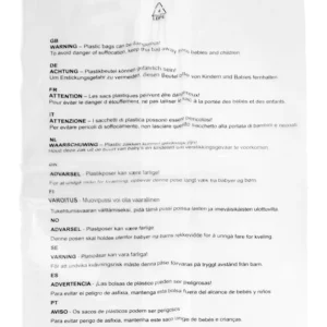 Gusseted clear poly bag with the text "WARNING - Plastic Bags can be dangerous! To avoid danger of suffocation, keep this bag away from babies and children." in 11 languages